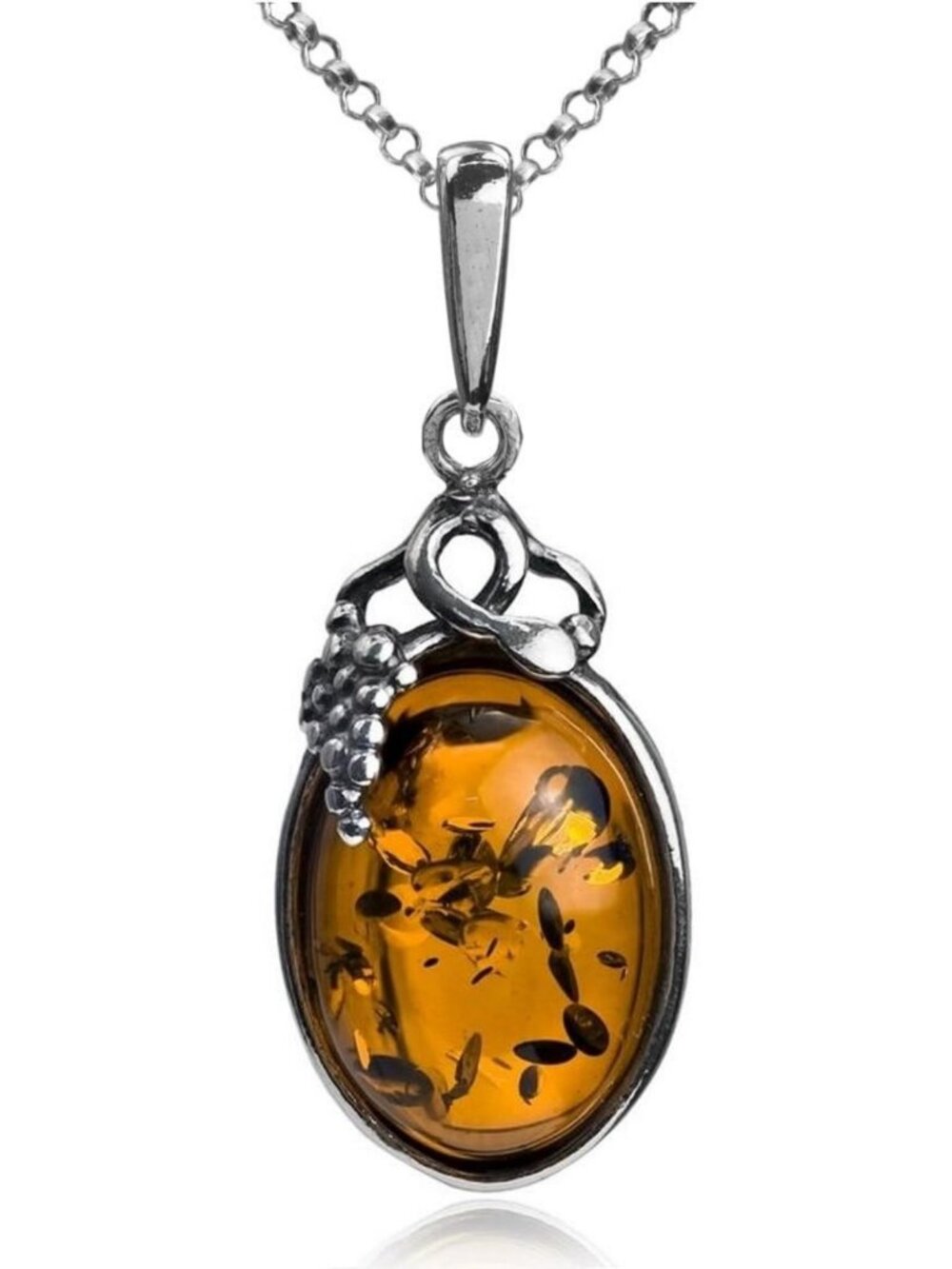 Elegant Amber Necklace with Sterling Silver Grape Vine Oval Pendant, 18" Length